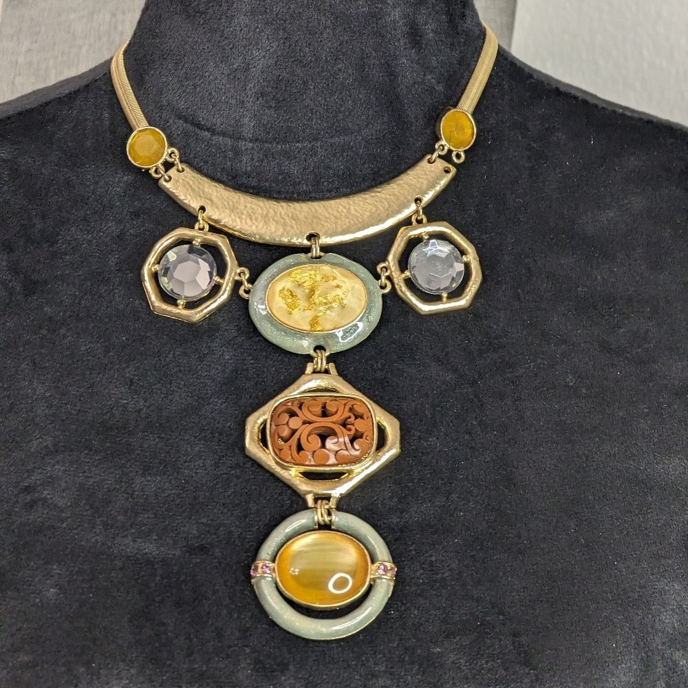 Vintage Chico's Statement Bib Necklace Gold Tone Faux Cinnabar Necklace